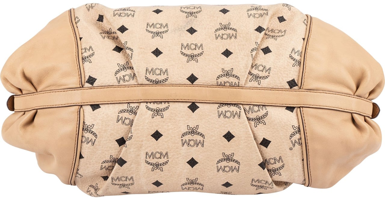 MCM Monogram Visetos Leather Satchel Hobo Handbag Beige