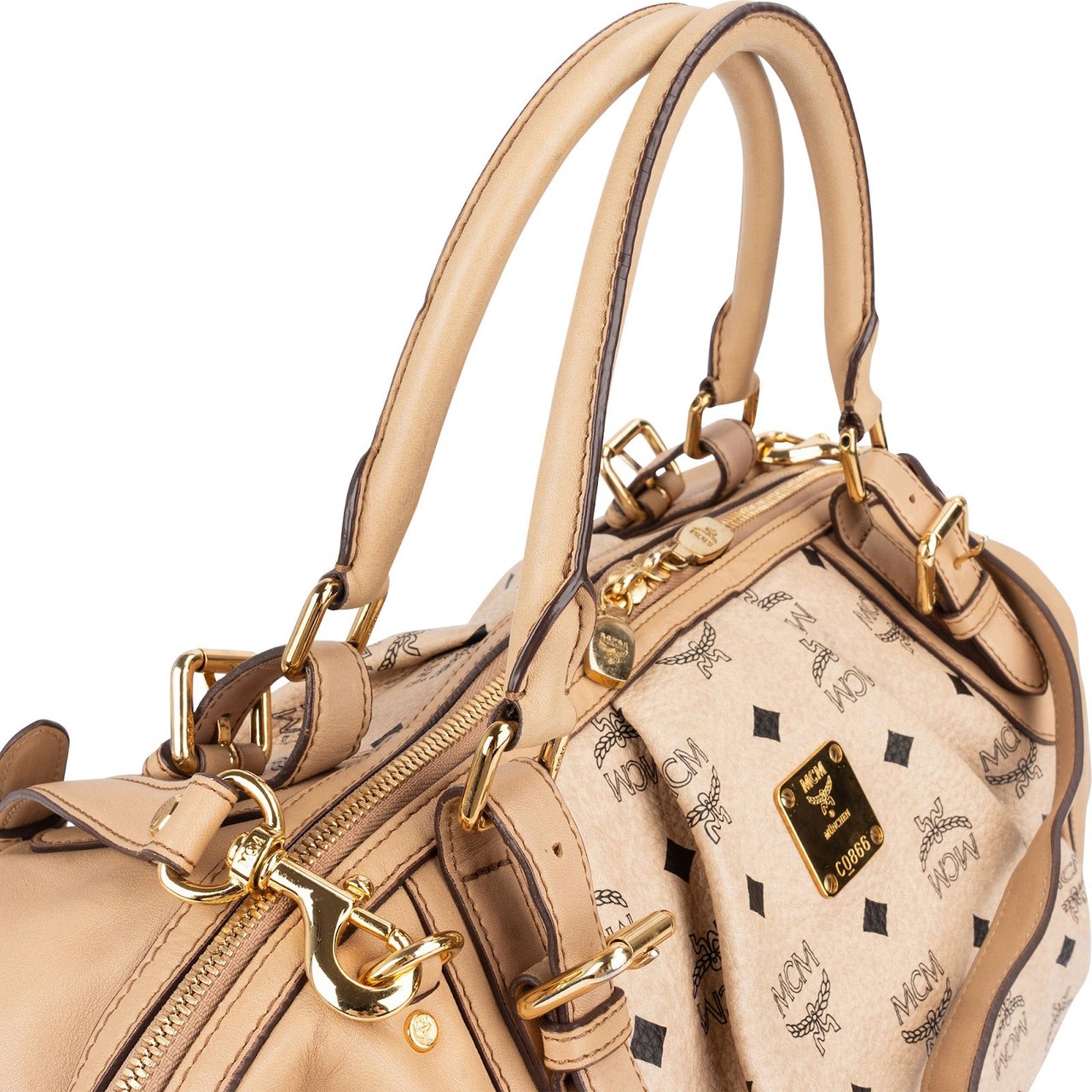 MCM Monogram Visetos Leather Satchel Hobo Handbag Beige