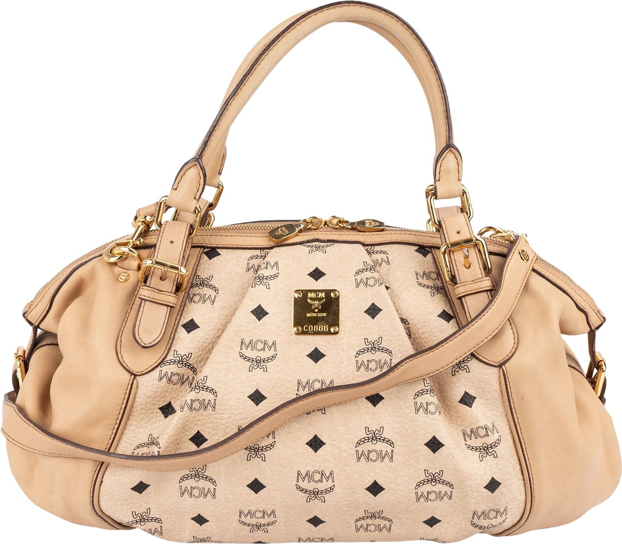 MCM Monogram Visetos Leather Satchel Hobo Handbag Beige
