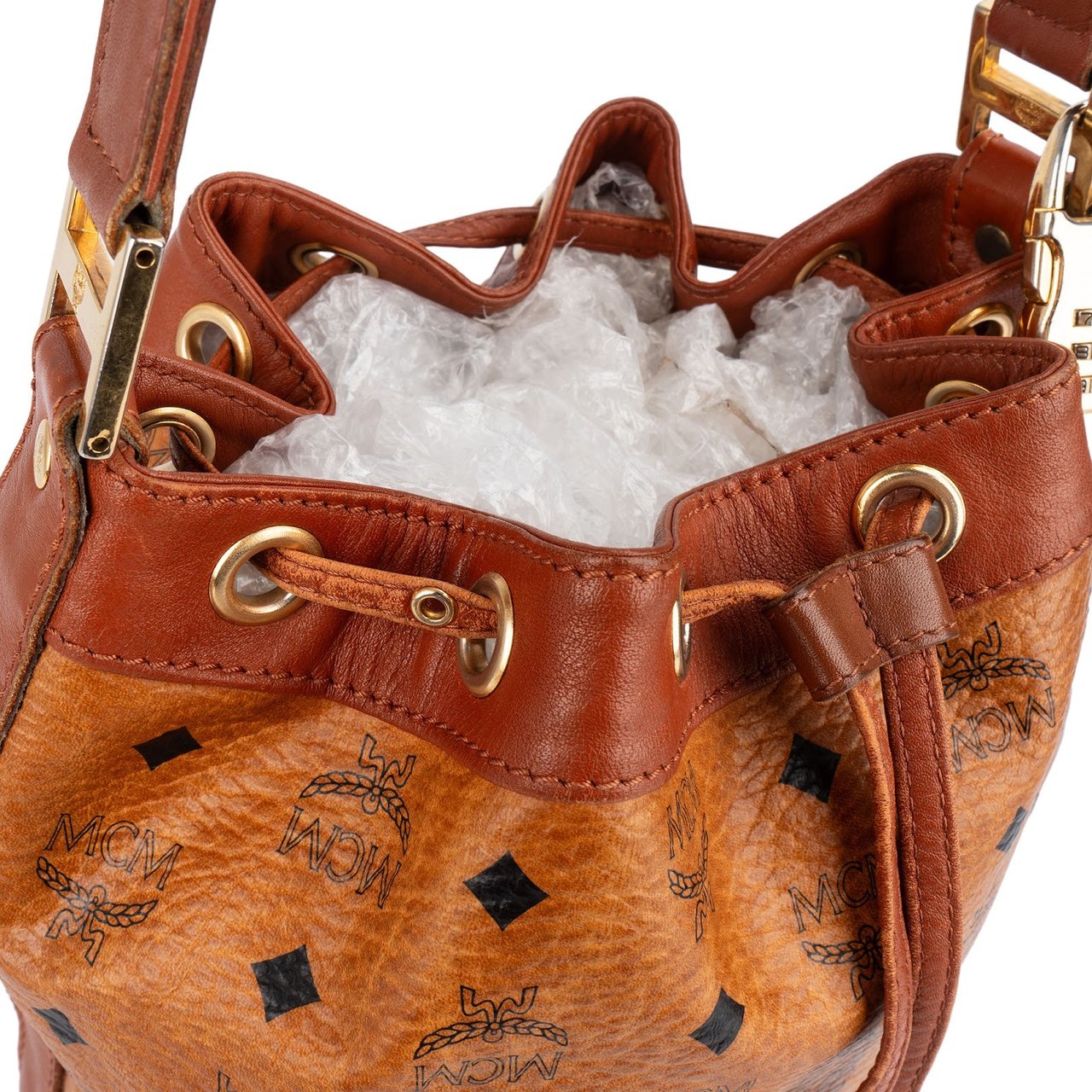 MCM MCM Monogram Visetos Drawstring Bucket Crossbody Bag Bruin