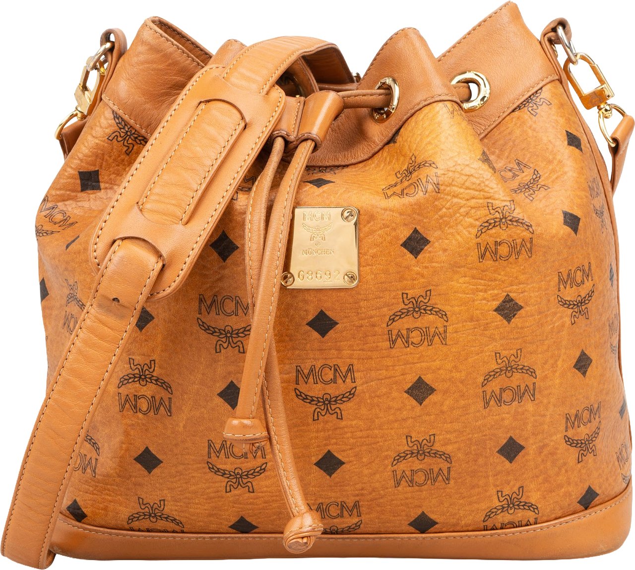 MCM MCM Monogram Visetos Drawstring Bucket Crossbody Bag Bruin