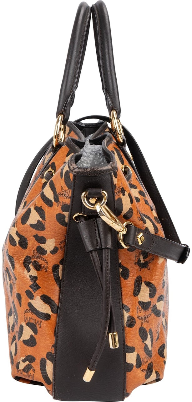 MCM MCM Monogram Leopard Print Visetos Drawstring Tote Handbag Bruin