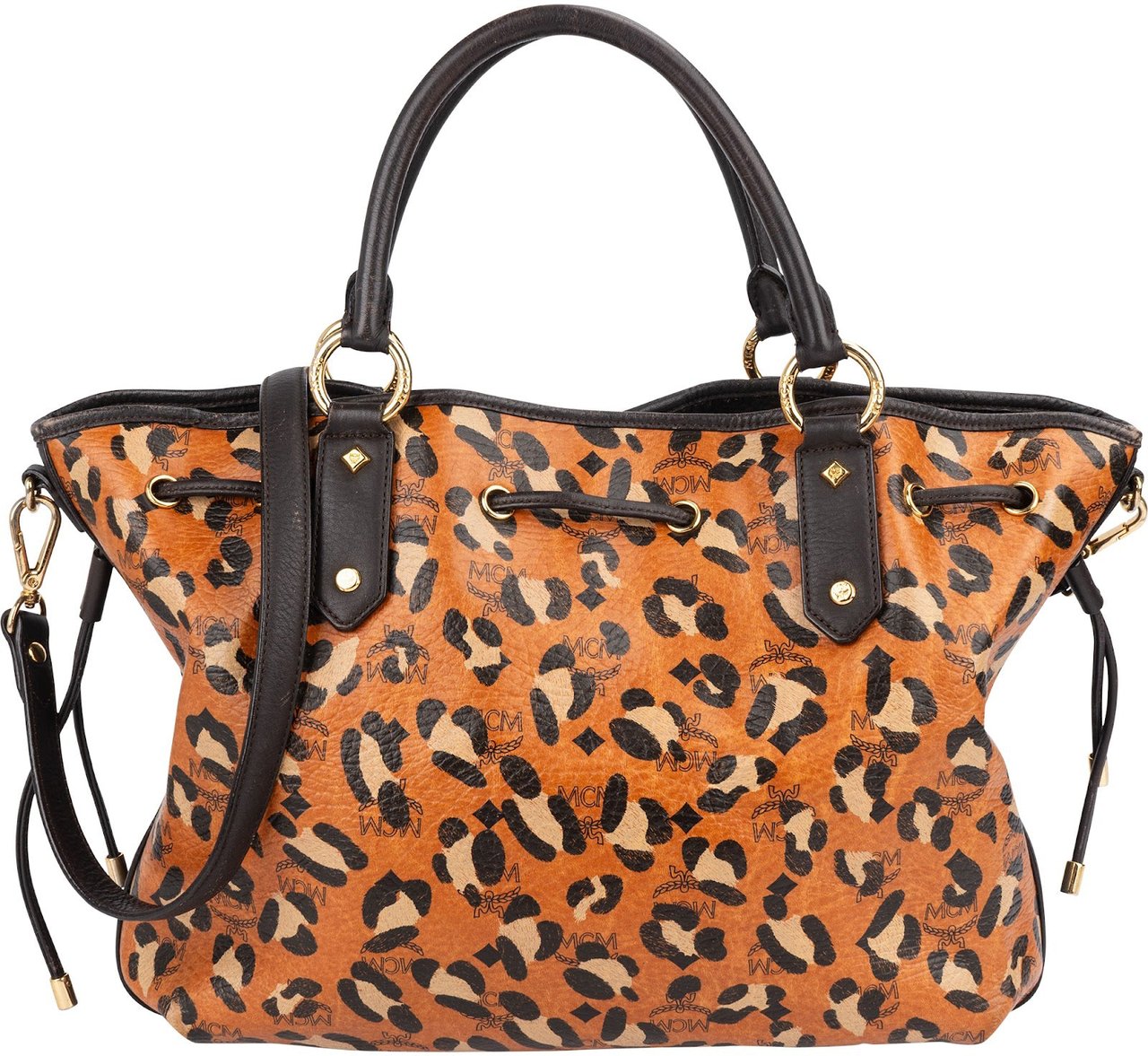 MCM MCM Monogram Leopard Print Visetos Drawstring Tote Handbag Bruin