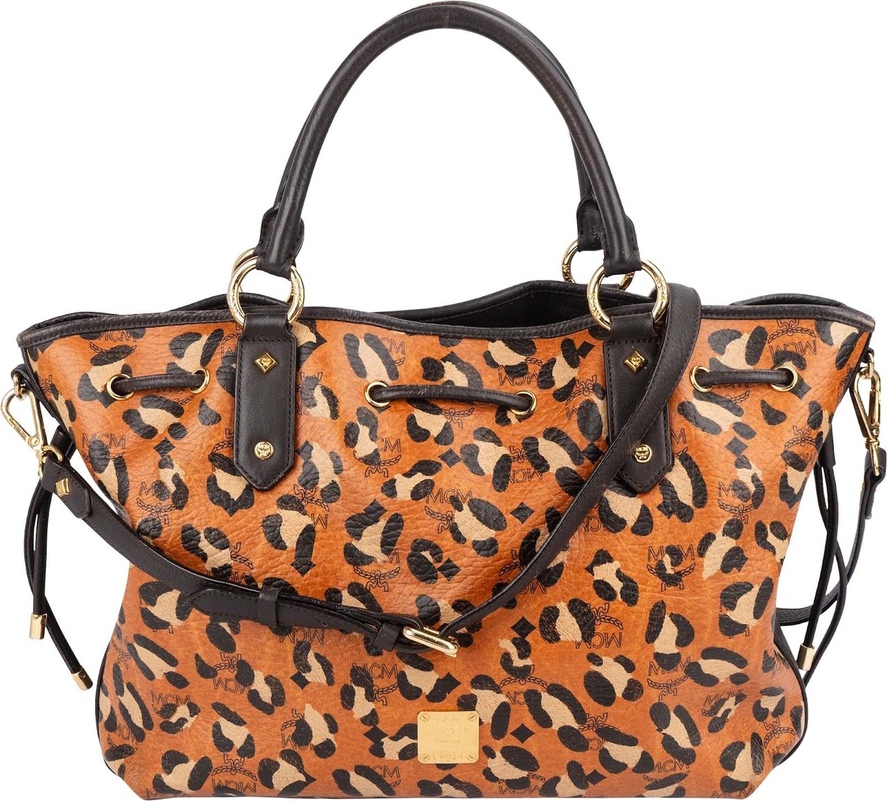 MCM MCM Monogram Leopard Print Visetos Drawstring Tote Handbag Bruin