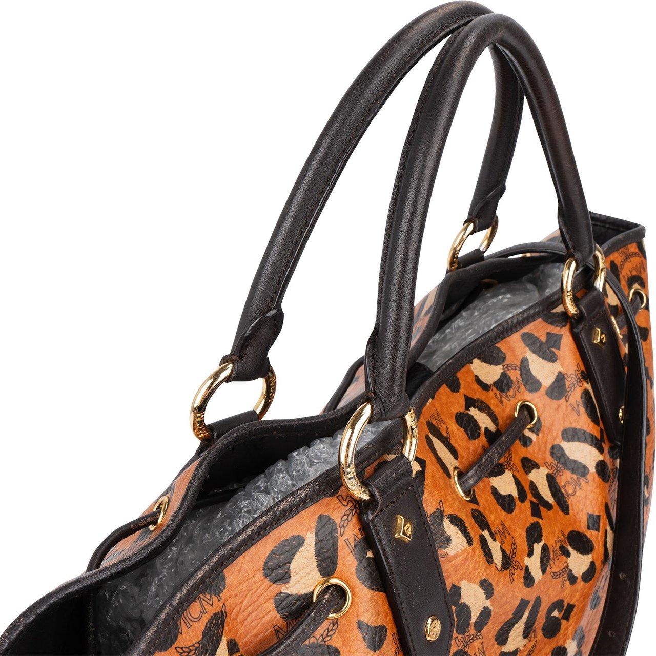 MCM MCM Monogram Leopard Print Visetos Drawstring Tote Handbag Bruin