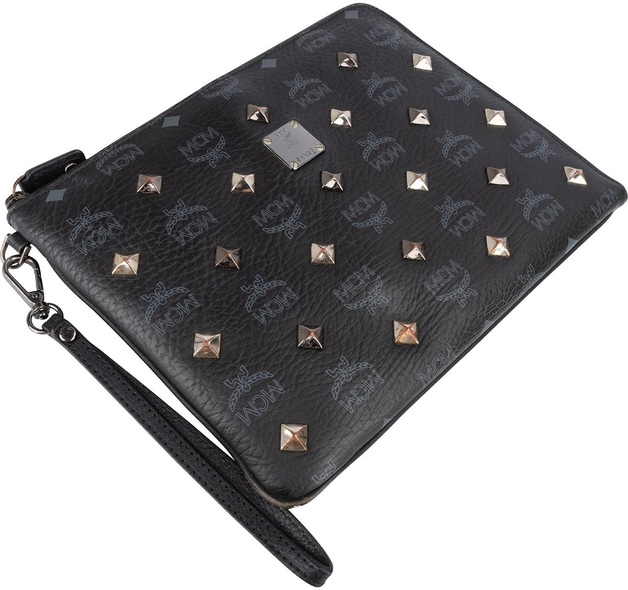 MCM MCM Monogram Studded Visetos Leather Clutch Bag Zwart
