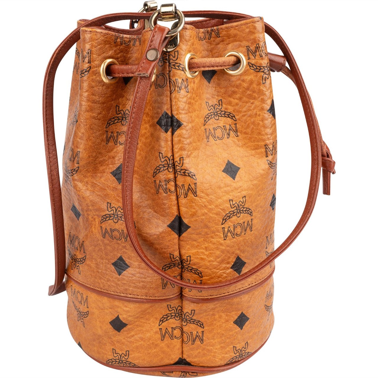 MCM MCM Monogram Visetos Mini Drawstring Bucket Crossbody Bag Bruin