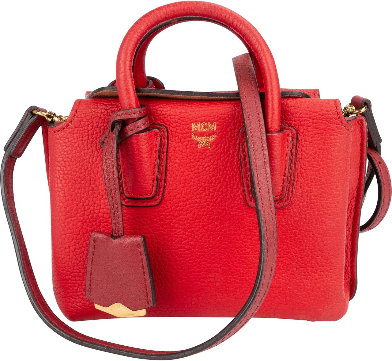 MCM MCM Red Pebbled Leather Aren Mini Top Handle Crossbody Bag Rood