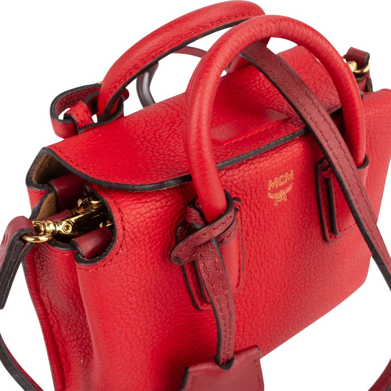 MCM MCM Red Pebbled Leather Aren Mini Top Handle Crossbody Bag Rood