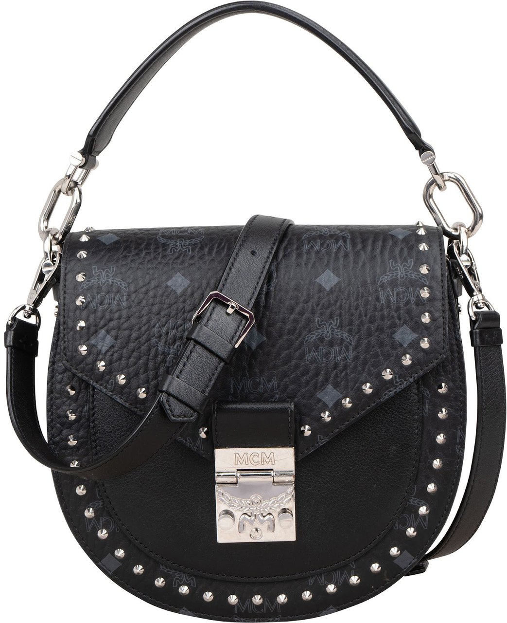 MCM Visetos Monogram Patricia Studded Saddle Crossbody Handbag Zwart