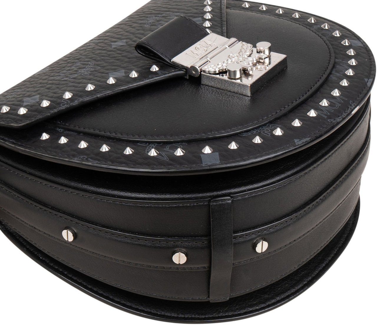 MCM Visetos Monogram Patricia Studded Saddle Crossbody Handbag Zwart
