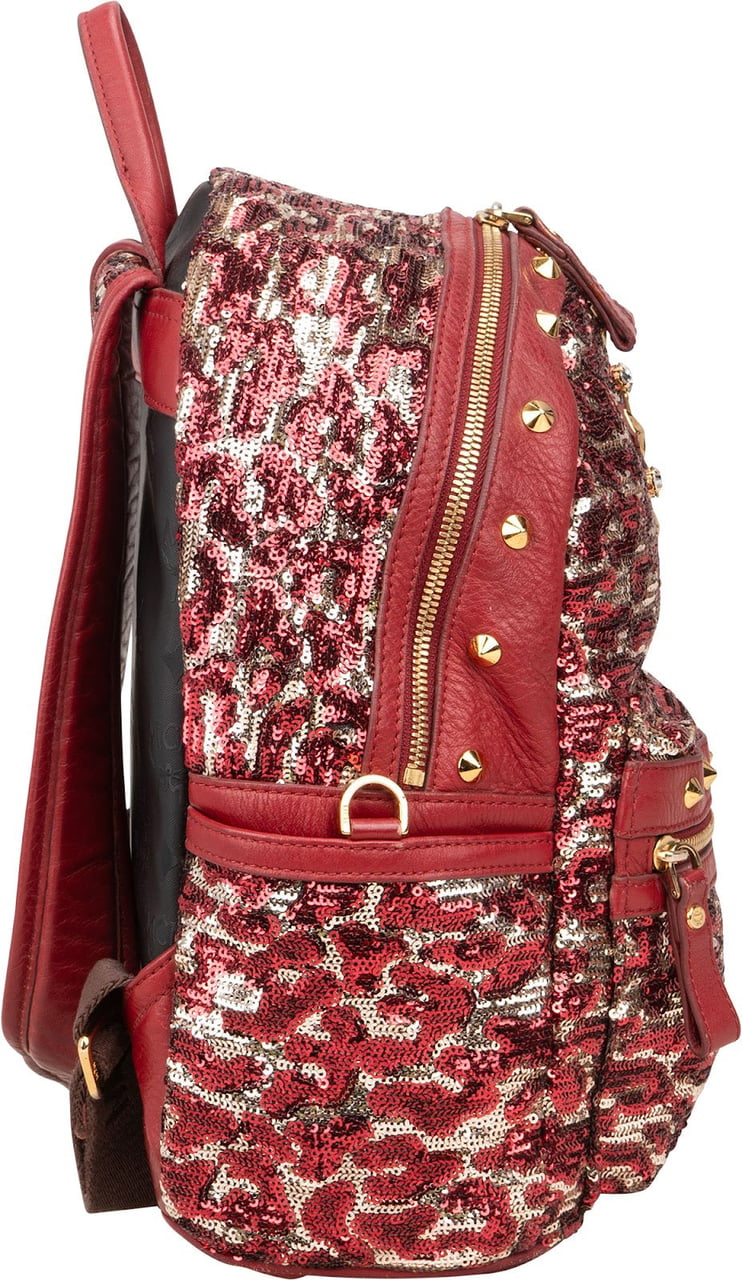 MCM MCM Visetos Monogram Studded Sequin Leopard Stark Backpack Rood