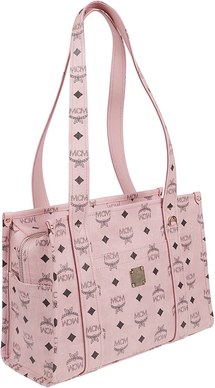 MCM Rectangular Tote Bag with Logo Print and Gold-tone Plaque Roze