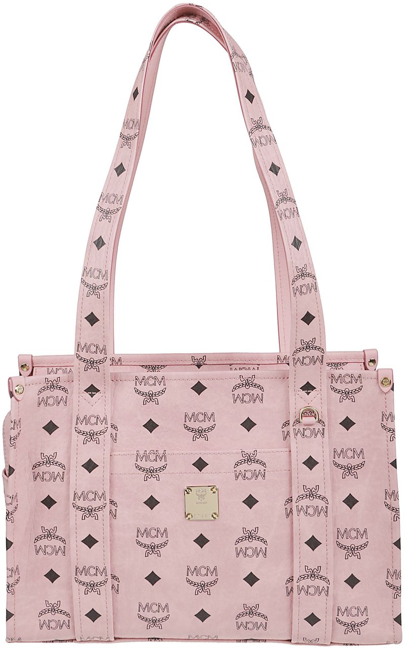 MCM Rectangular Tote Bag with Logo Print and Gold-tone Plaque Roze