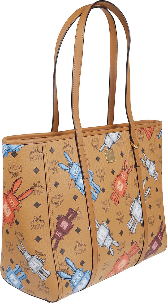 MCM Structured Tote Bag with Colorful Robot Pattern and Leather Trims Bruin