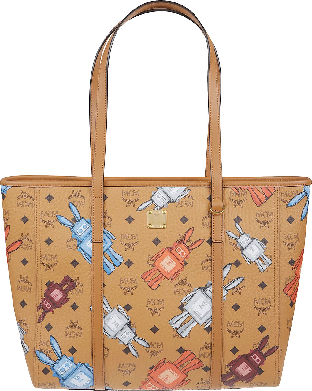 MCM Structured Tote Bag with Colorful Robot Pattern and Leather Trims Bruin