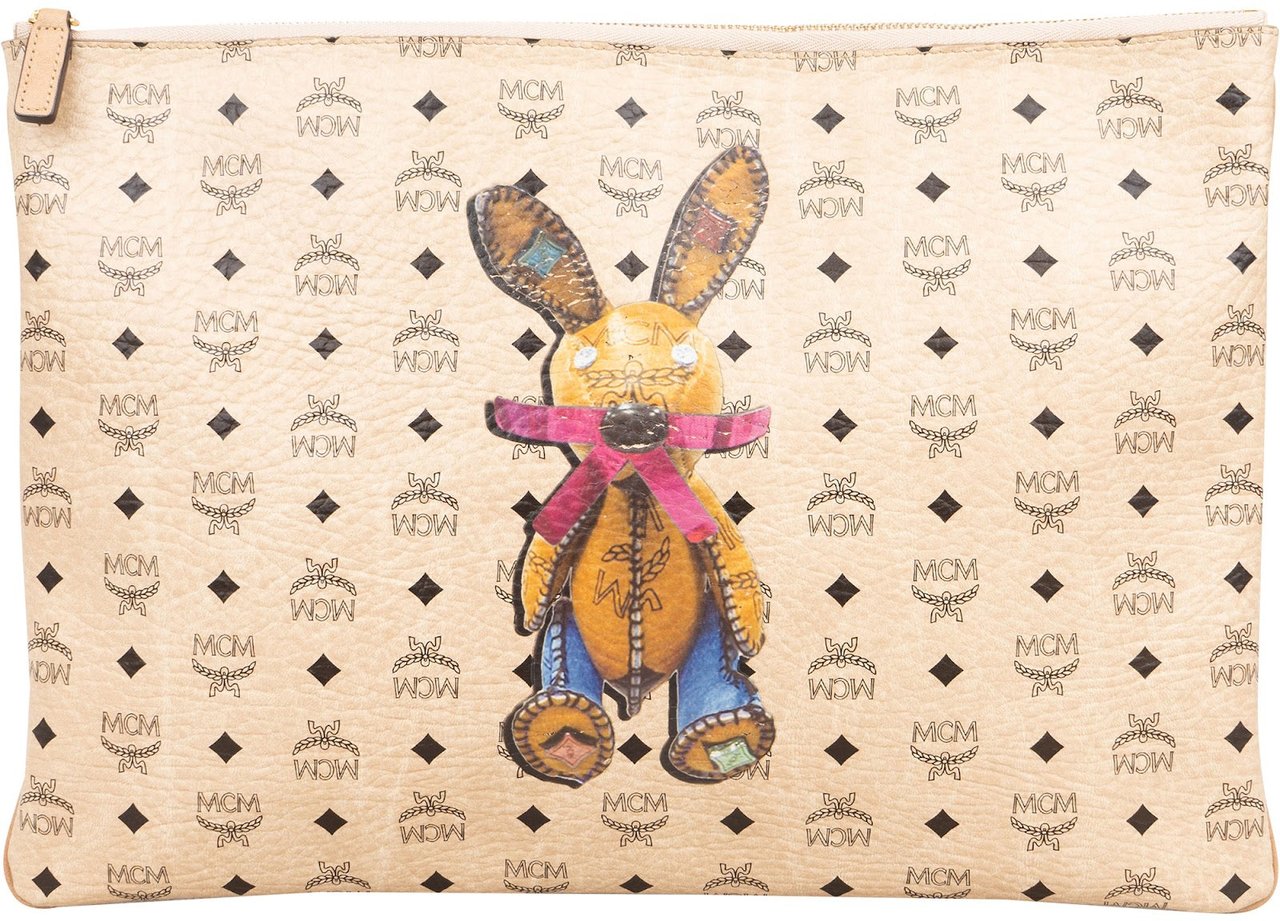 MCM MCM Monogram Visetos Zoo Rabbit Print Zip Clutch Beige