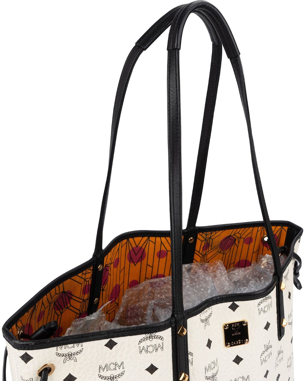 MCM MCM Monogram Visetos Black and White Studded Liz Shopper Shoulder Bag Wit