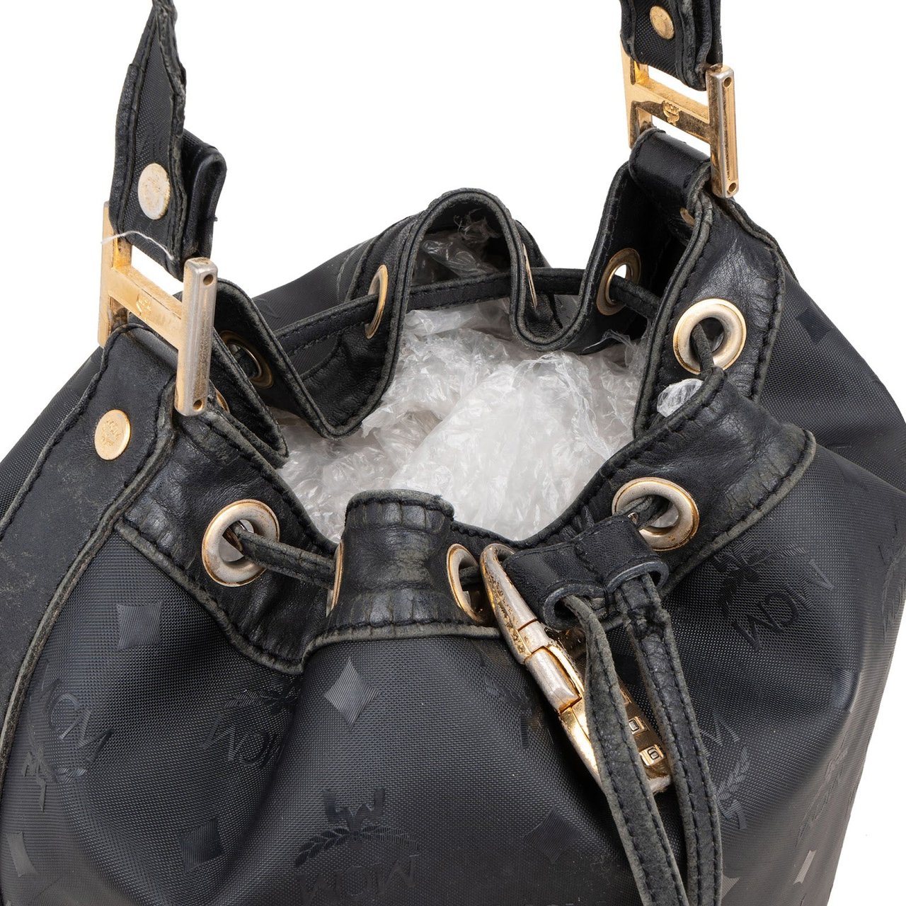 MCM Visetos Monogram Drawstring Bucket Crossbody Bag Zwart