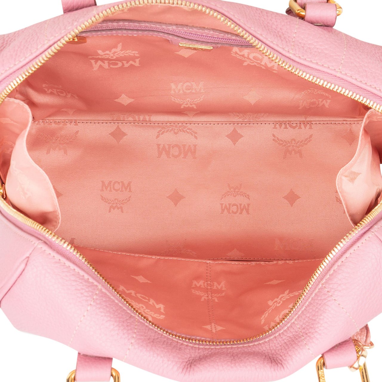MCM Pebbled Leather Essential Studded Boston Handbag Roze