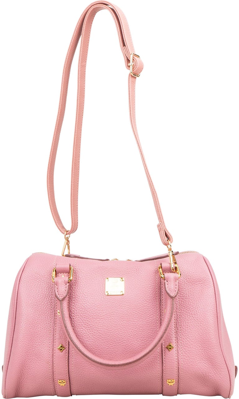 MCM Pebbled Leather Essential Studded Boston Handbag Roze