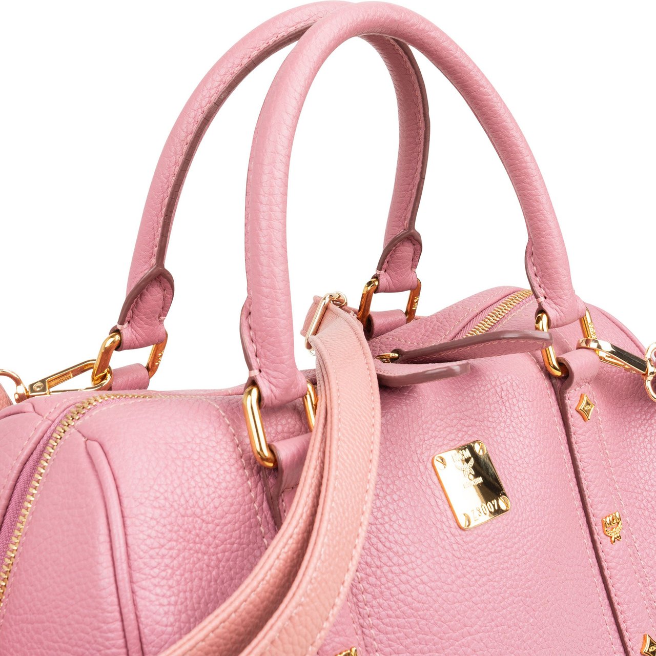 MCM Pebbled Leather Essential Studded Boston Handbag Roze