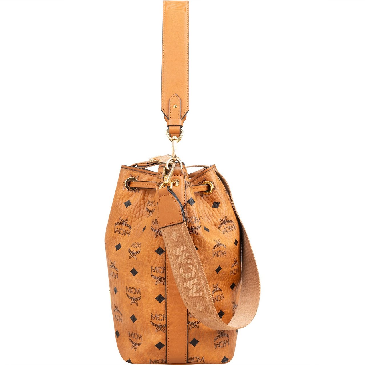 MCM Monogram Visetos Aren Drawstring Bucket Crossbody Shoulder Bag Bruin
