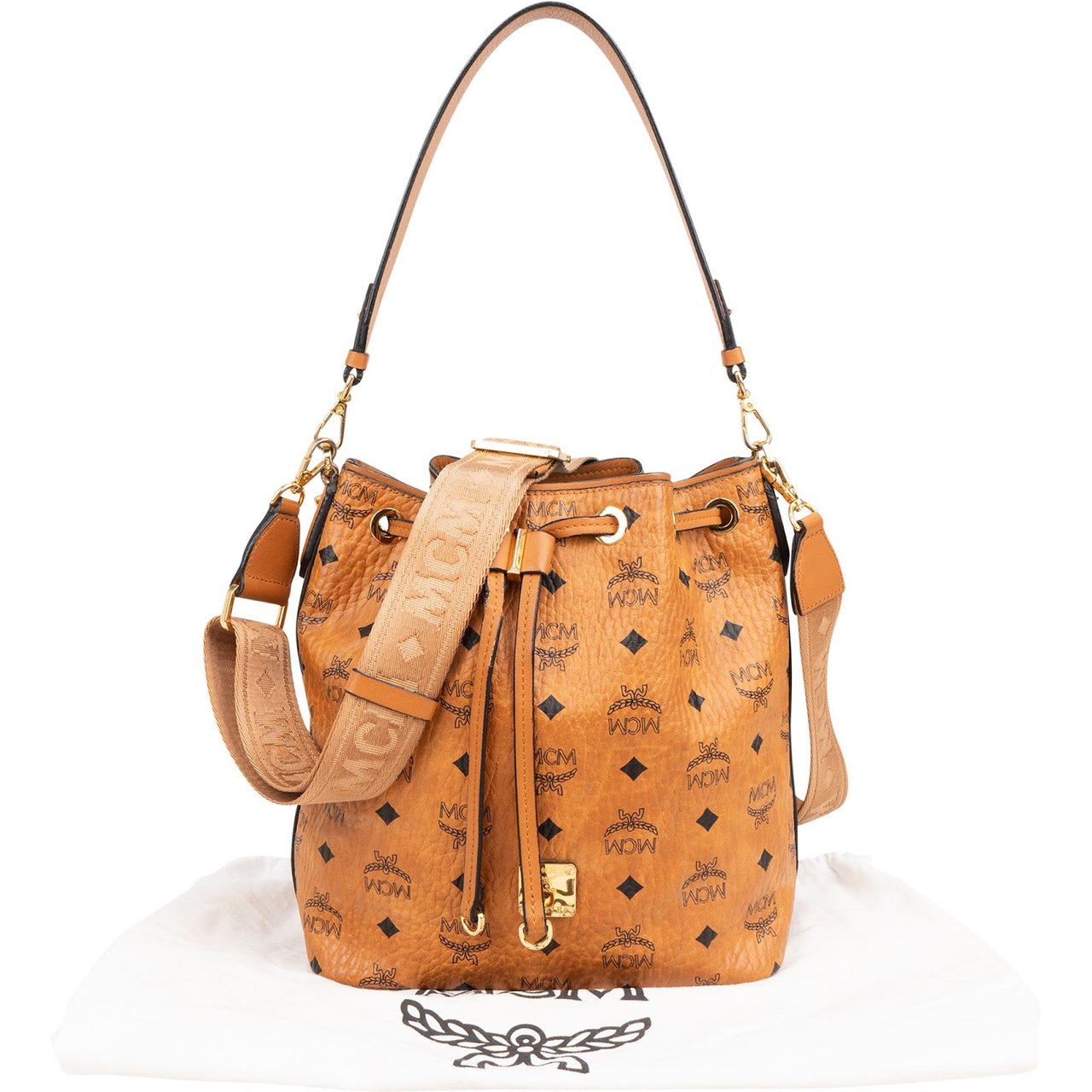MCM Monogram Visetos Aren Drawstring Bucket Crossbody Shoulder Bag Bruin