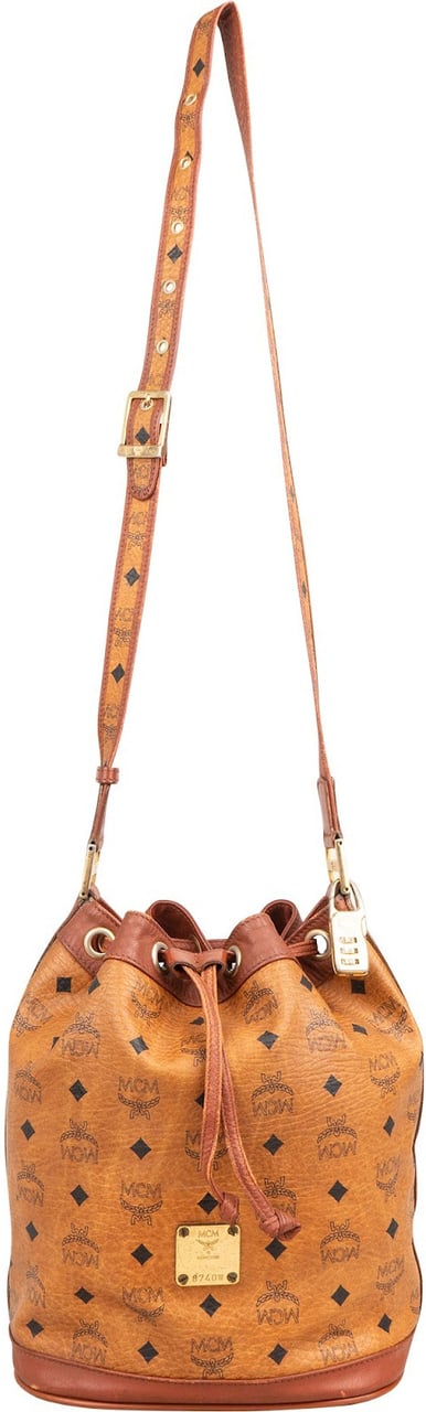 MCM Monogram Visetos Drawstring Bucket Crossbody Bag Bruin