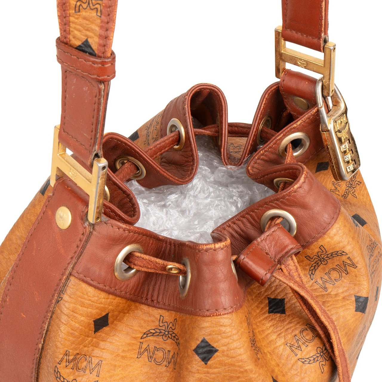 MCM Monogram Visetos Drawstring Bucket Crossbody Bag Bruin