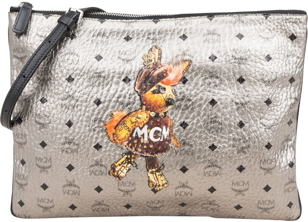 MCM Monogram Metallic Visetos Zoo Clutch Zilver