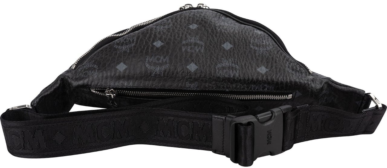 MCM Black Leather Visetos Stark Belt Crossbody Bag Zwart
