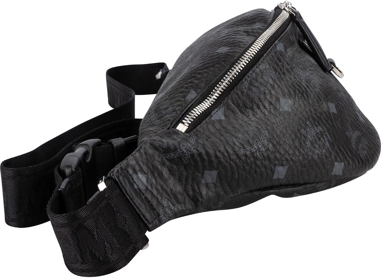 MCM Black Leather Visetos Stark Belt Crossbody Bag Zwart