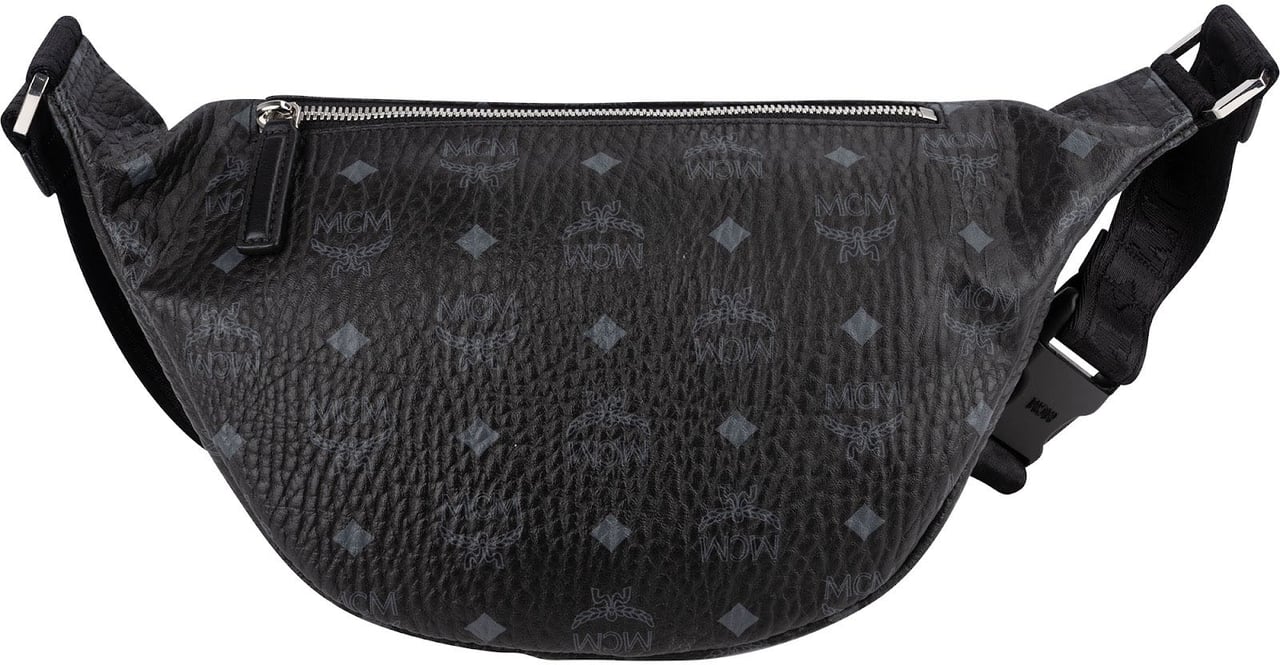MCM Black Leather Visetos Stark Belt Crossbody Bag Zwart