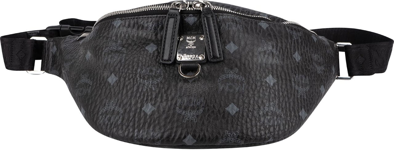 MCM Black Leather Visetos Stark Belt Crossbody Bag Zwart