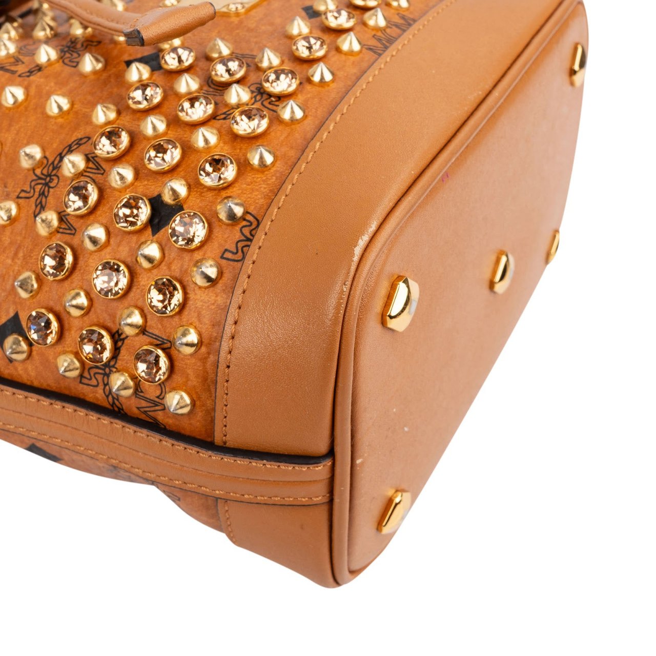 MCM Monogram Visetos Studded Small Drawstring Bucket Crossbody Bag Bruin