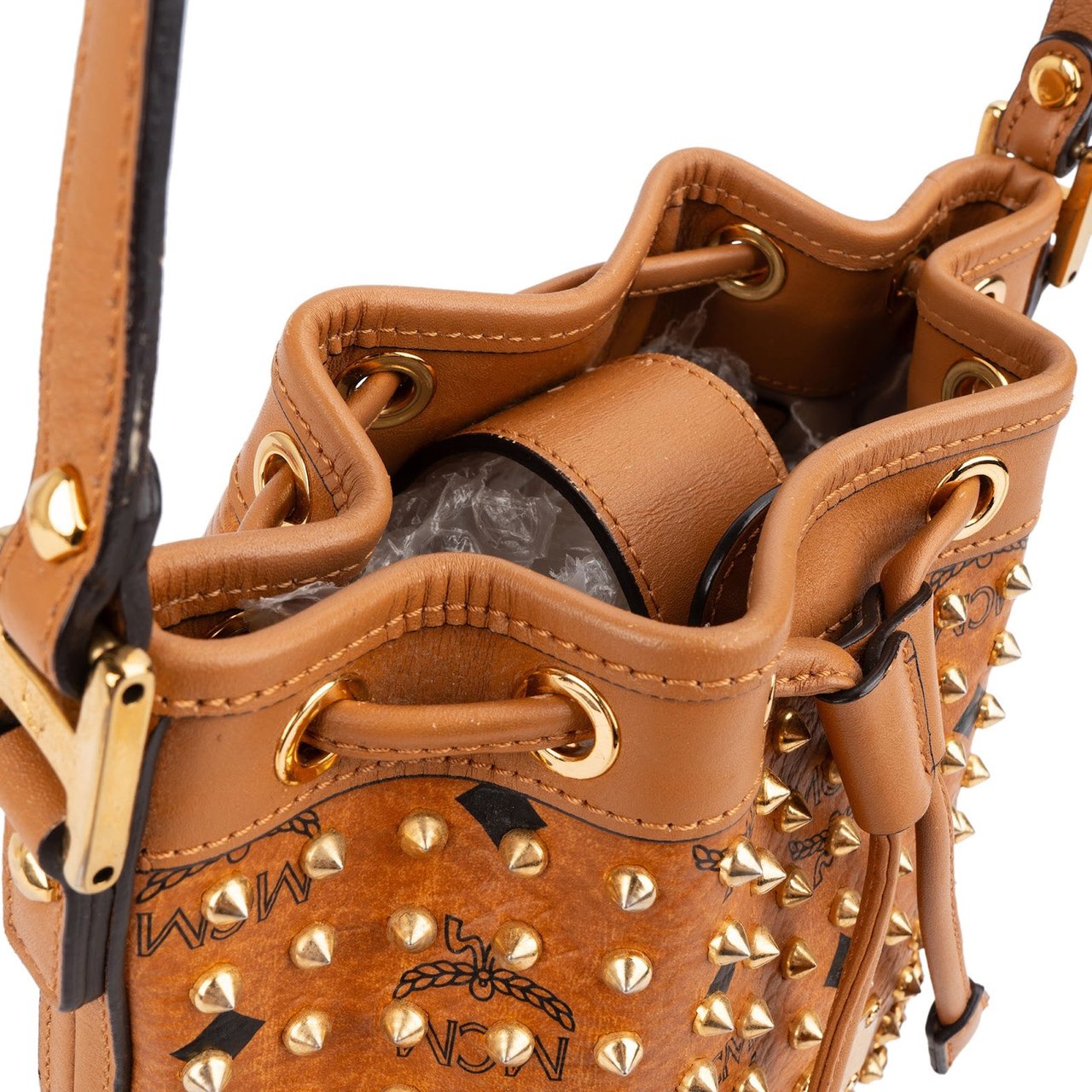 MCM Monogram Visetos Studded Small Drawstring Bucket Crossbody Bag Bruin