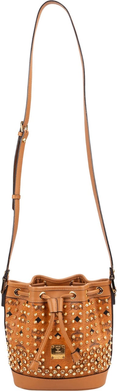 MCM Monogram Visetos Studded Small Drawstring Bucket Crossbody Bag Bruin