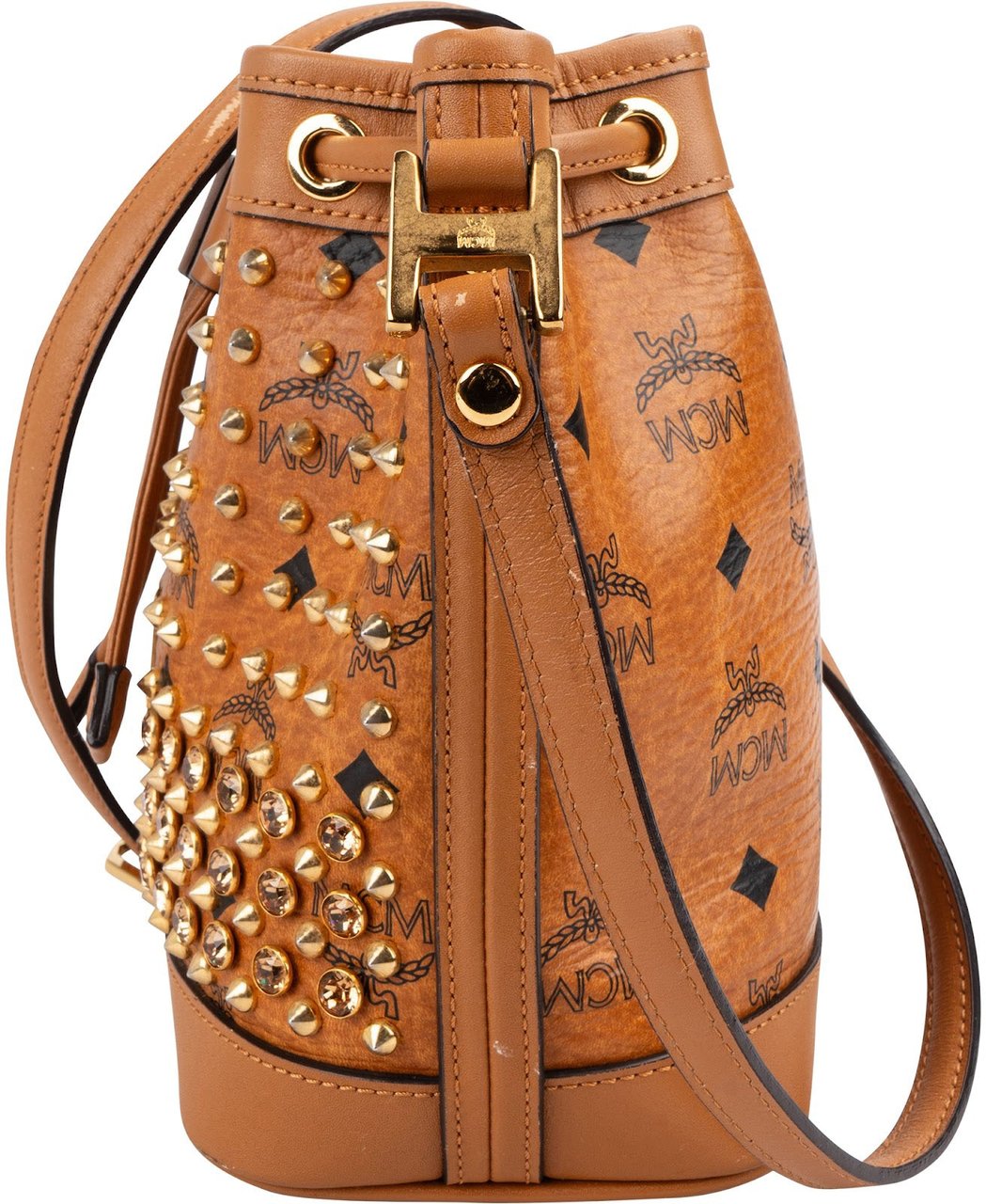 MCM Monogram Visetos Studded Small Drawstring Bucket Crossbody Bag Bruin