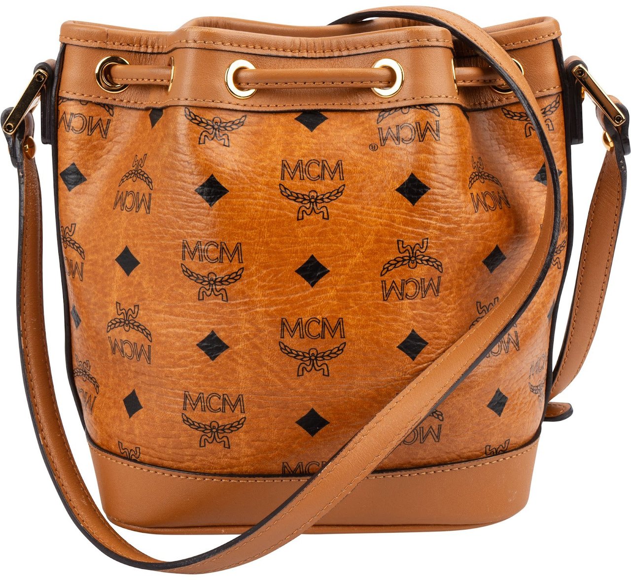 MCM Monogram Visetos Studded Small Drawstring Bucket Crossbody Bag Bruin