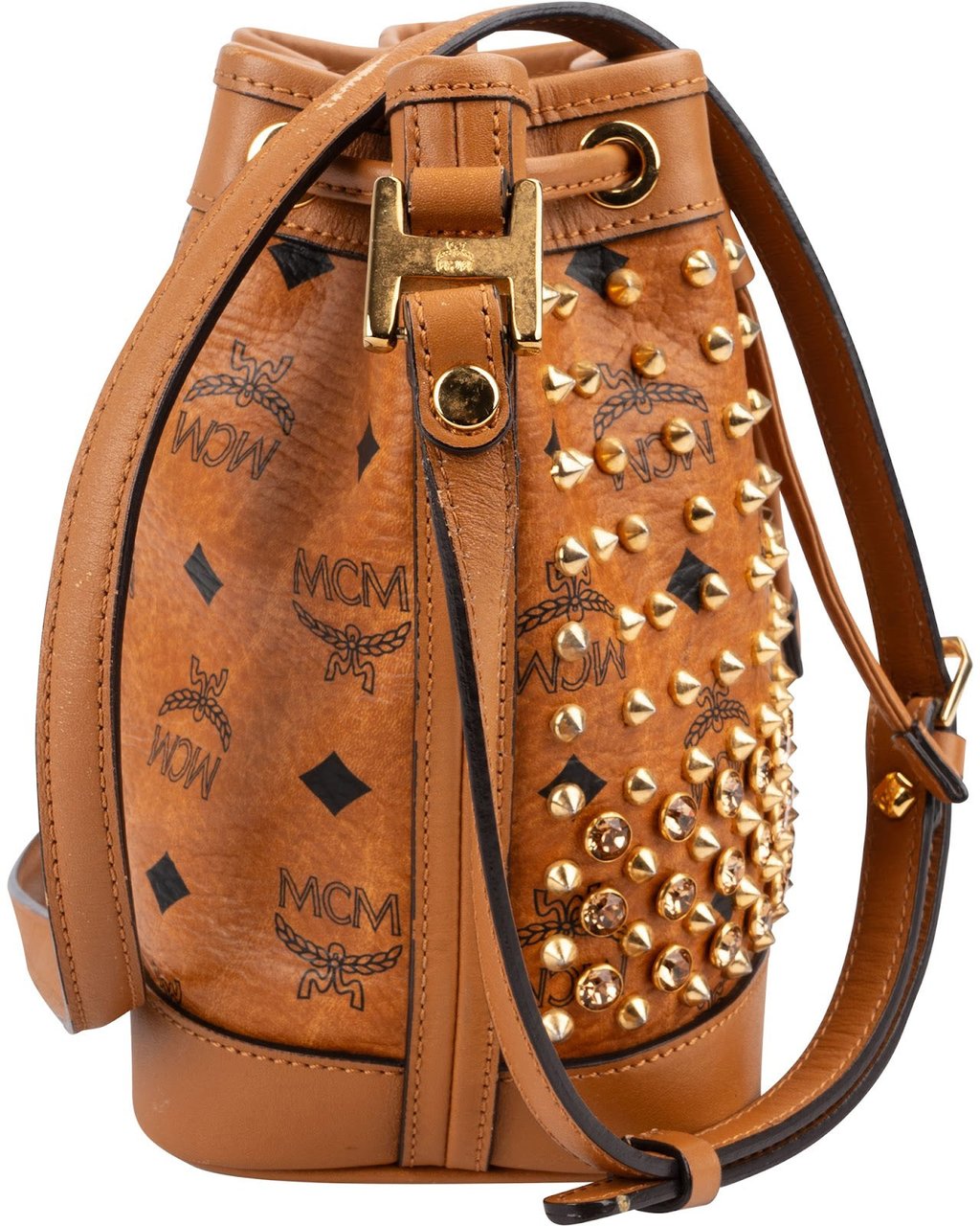 MCM Monogram Visetos Studded Small Drawstring Bucket Crossbody Bag Bruin