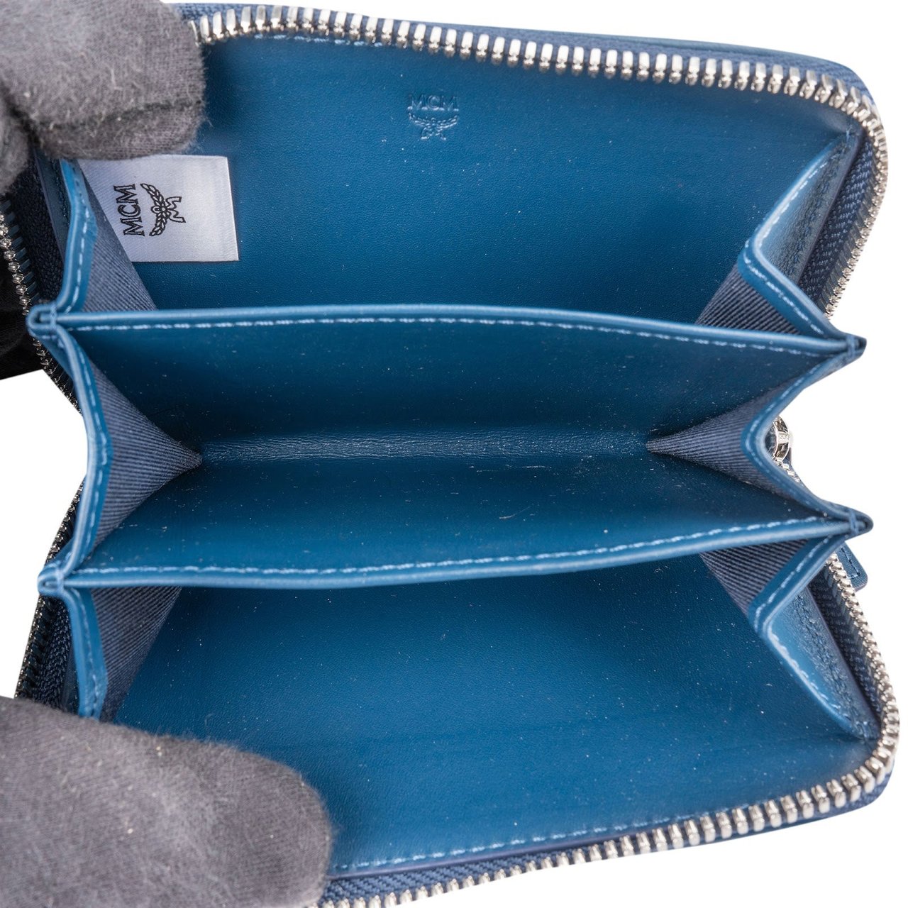 MCM Visetos Monogram Denim Jacquard Small Zip Wallet Blauw