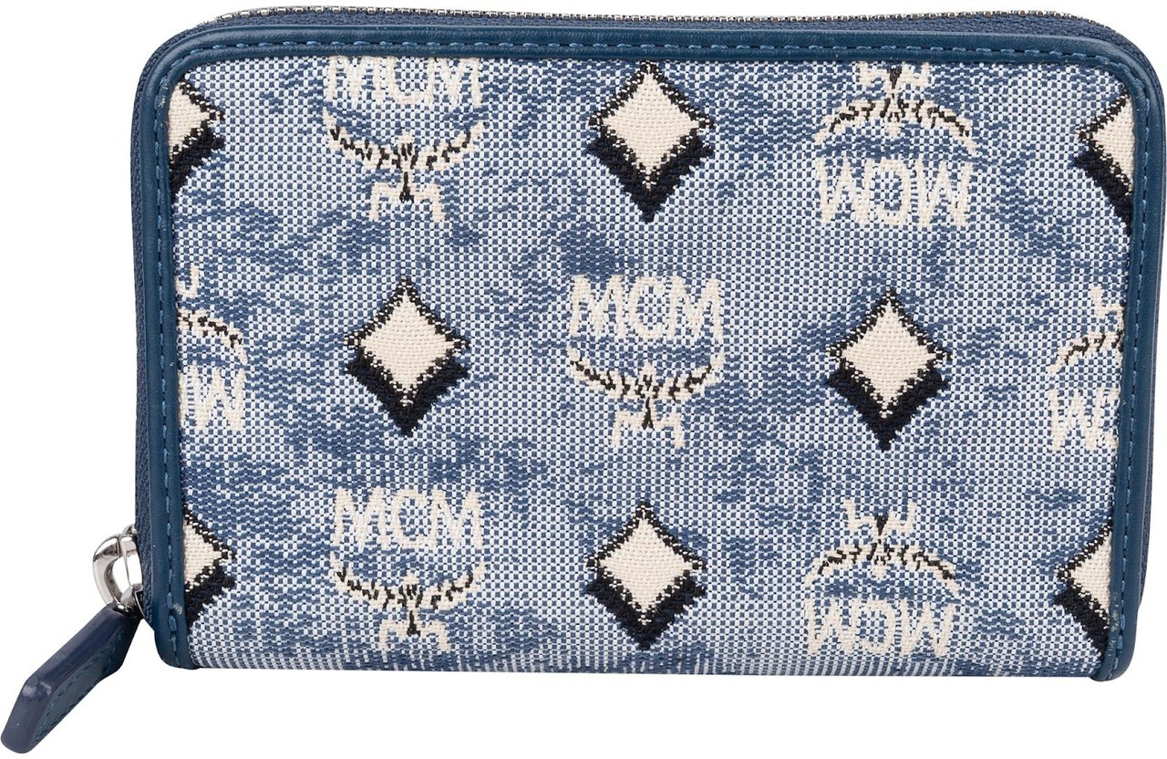 MCM Visetos Monogram Denim Jacquard Small Zip Wallet Blauw