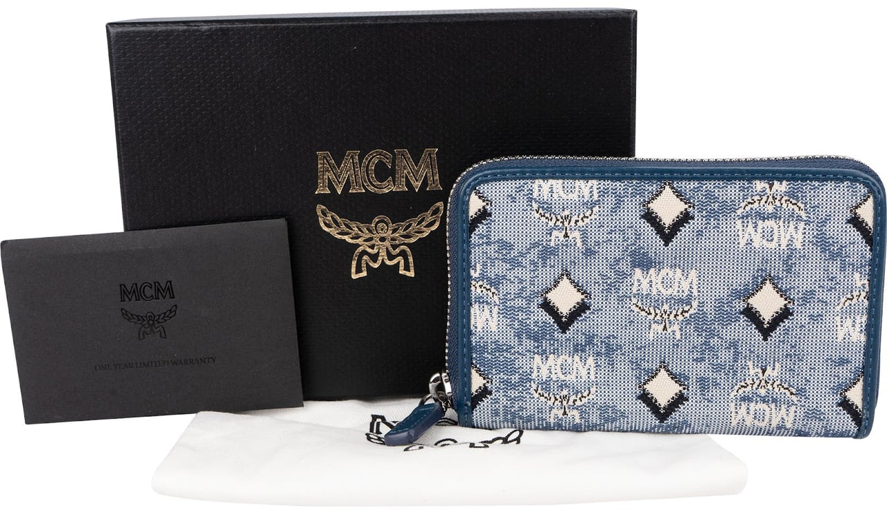 MCM Visetos Monogram Denim Jacquard Small Zip Wallet Blauw