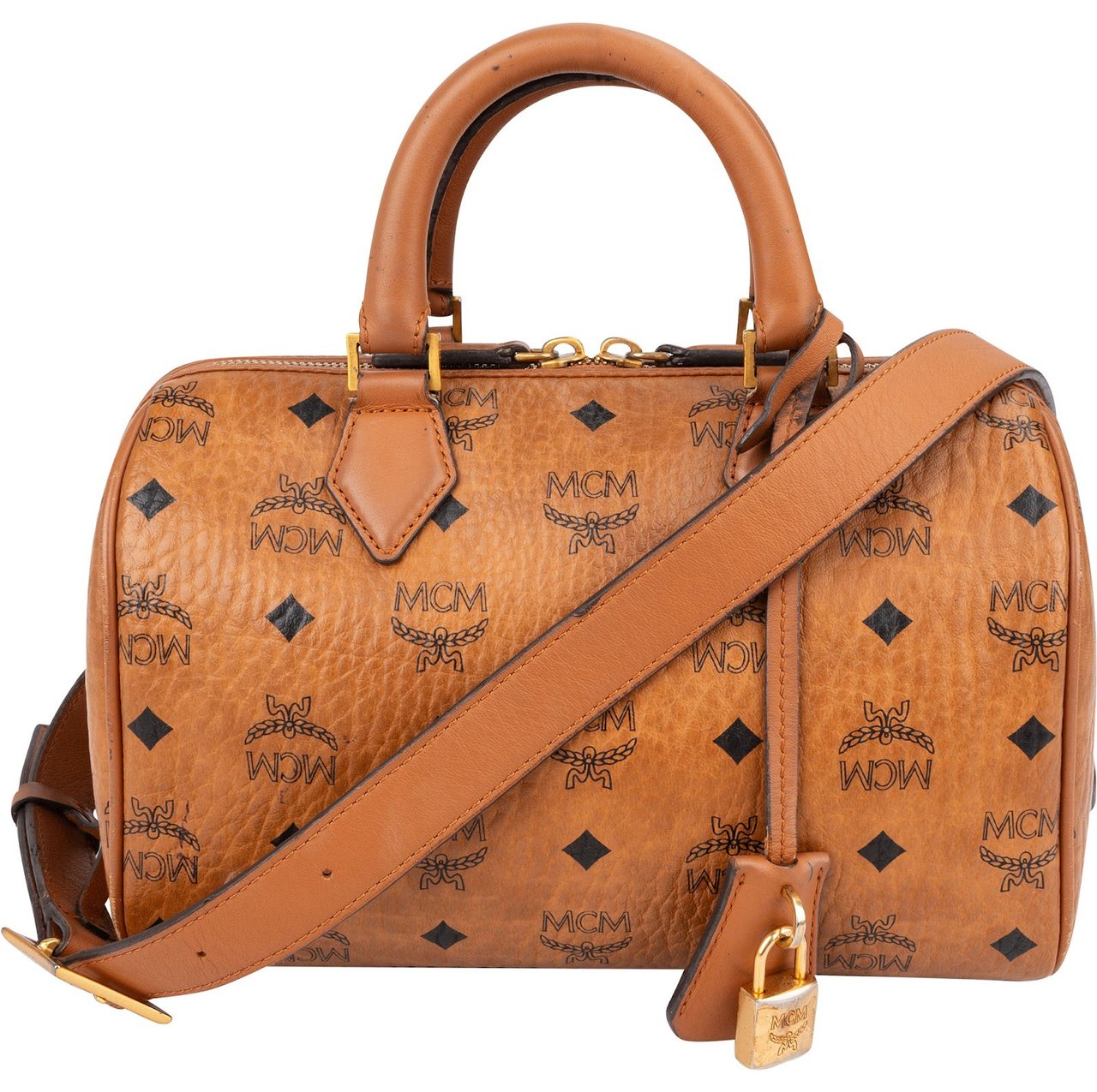 MCM Monogram Visetos Small Boston Crossbody Handbag Bruin