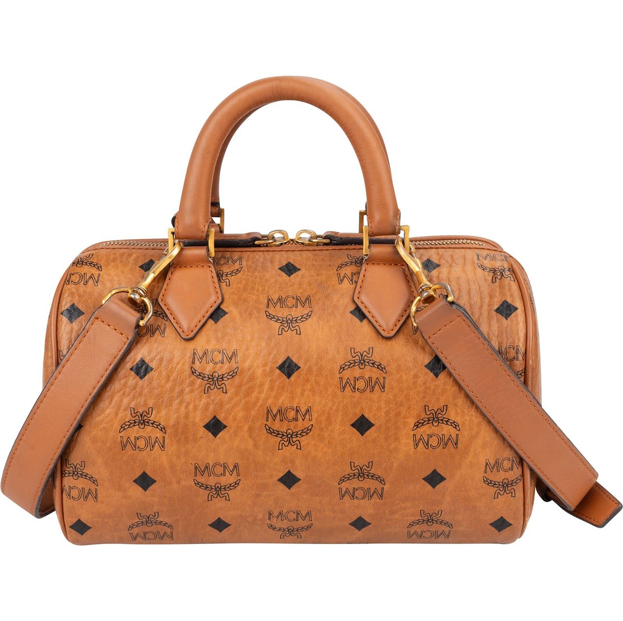 MCM Monogram Visetos Small Boston Crossbody Handbag Bruin
