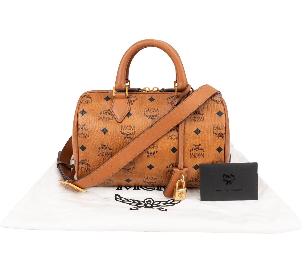 MCM Monogram Visetos Small Boston Crossbody Handbag Bruin