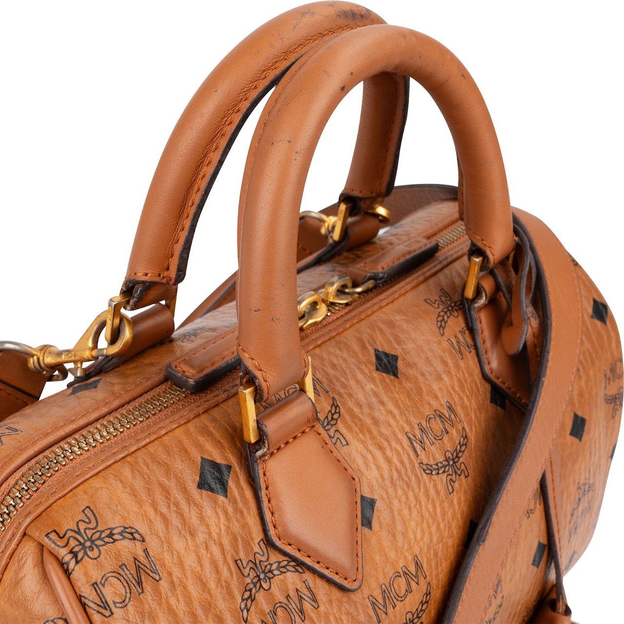 MCM Monogram Visetos Small Boston Crossbody Handbag Bruin
