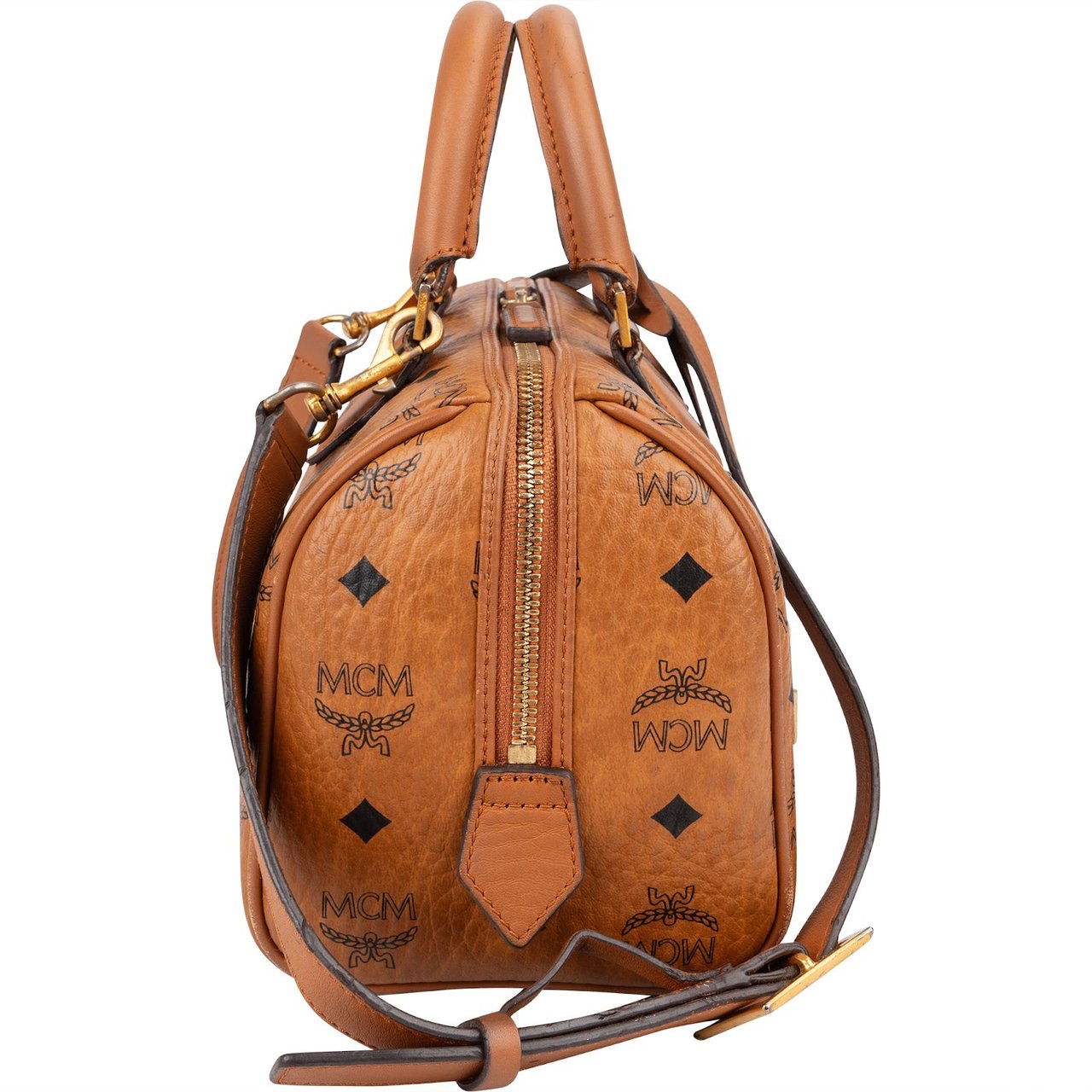 MCM Monogram Visetos Small Boston Crossbody Handbag Bruin