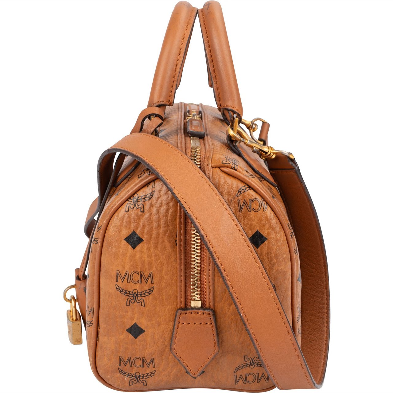 MCM Monogram Visetos Small Boston Crossbody Handbag Bruin